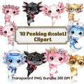 Cute peeking axolotl clipart bundle, watercolor PNG kawaii digital stickers instant download