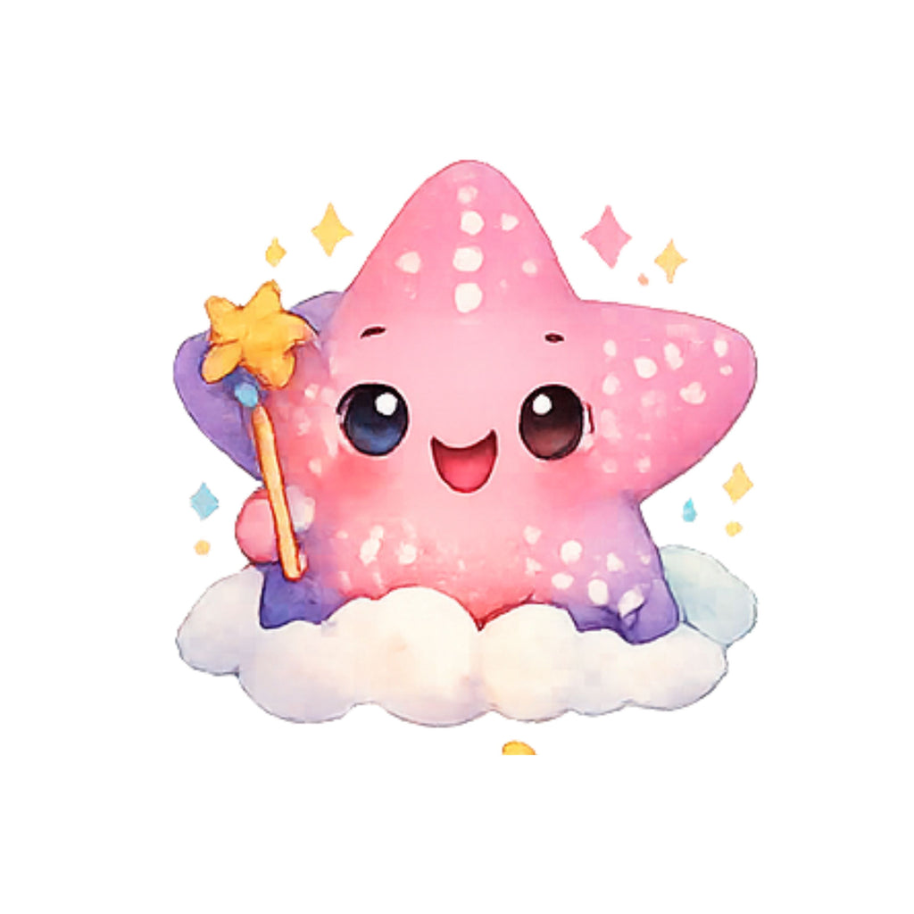 Cute cartoon star character with a wand on a white background
