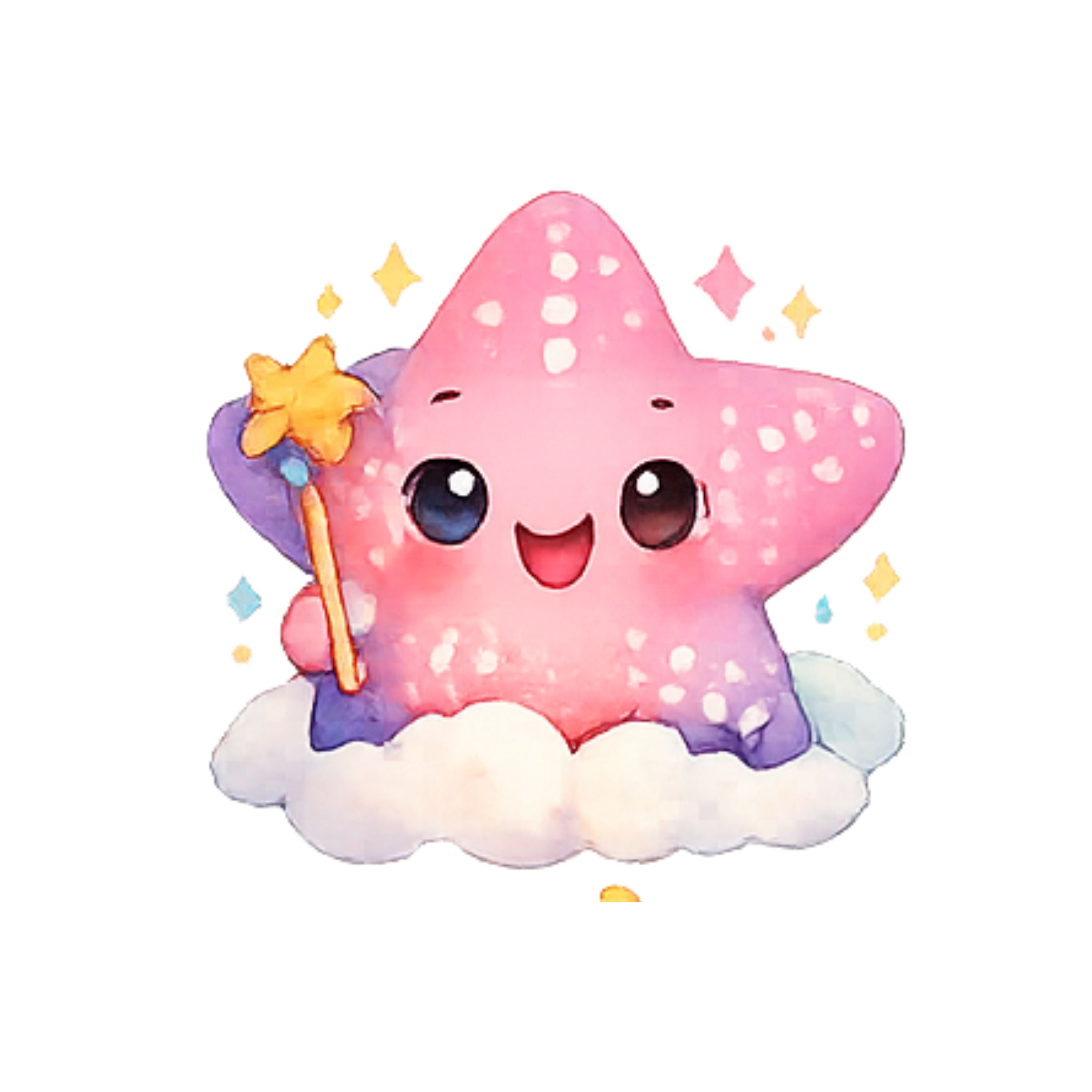 Cute cartoon star character with a wand on a white background