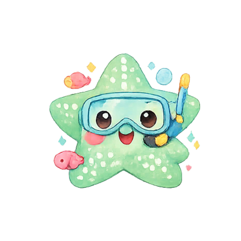 Cartoon starfish wearing a diving mask with colorful bubbles and fish on a white background