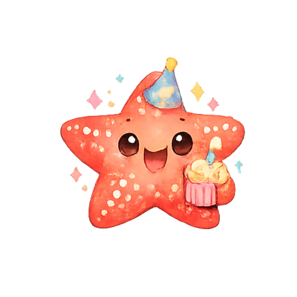 Cute starfish plush toy with a party hat and cupcake on a white background