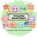 Set of colorful starfish illustrations with a transparent PNGs & SVGs bundle label on a green background.