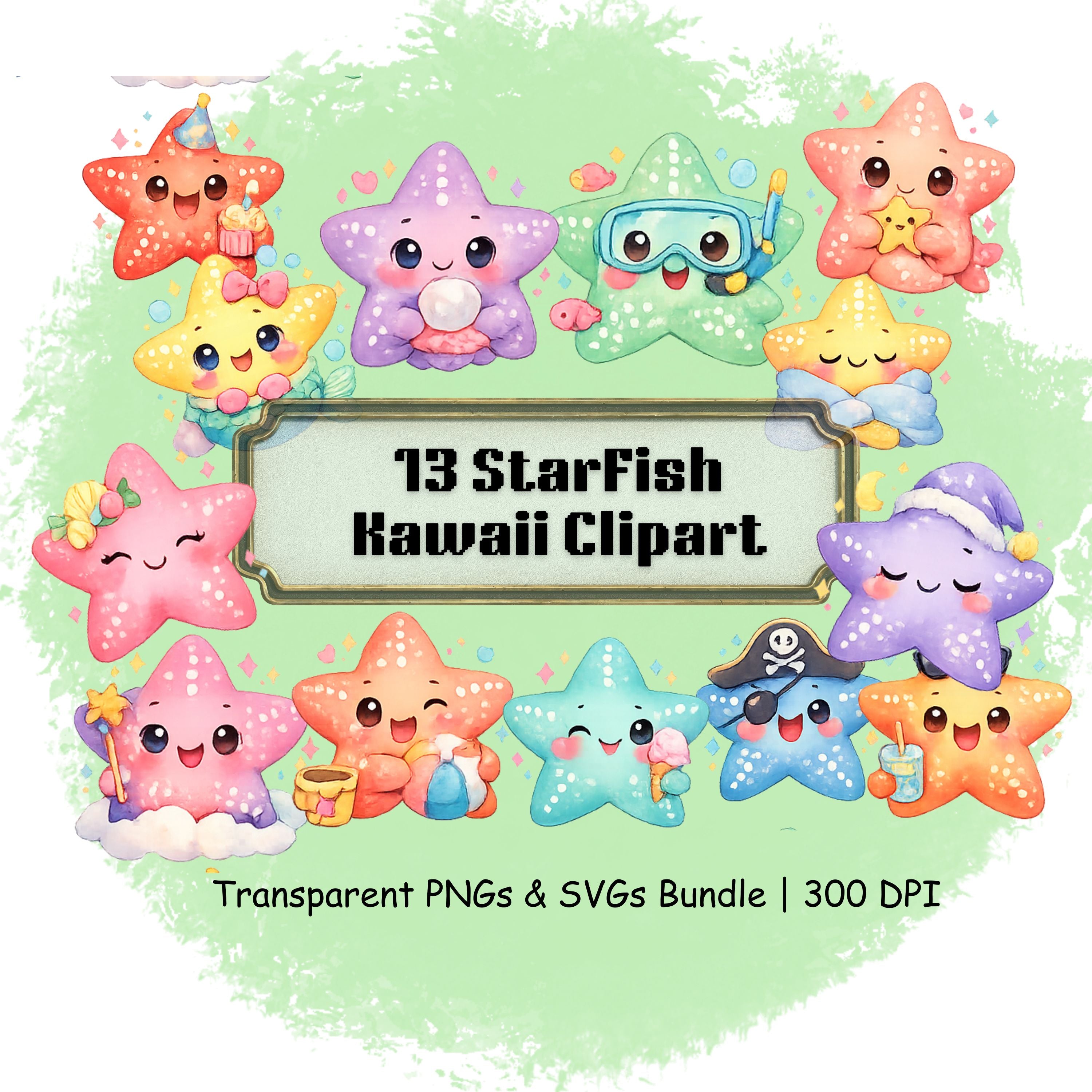 Set of colorful starfish illustrations with a transparent PNGs & SVGs bundle label on a green background.