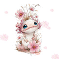 Illustration of a cute creature with blue eyes surrounded by pink flowers on a white background