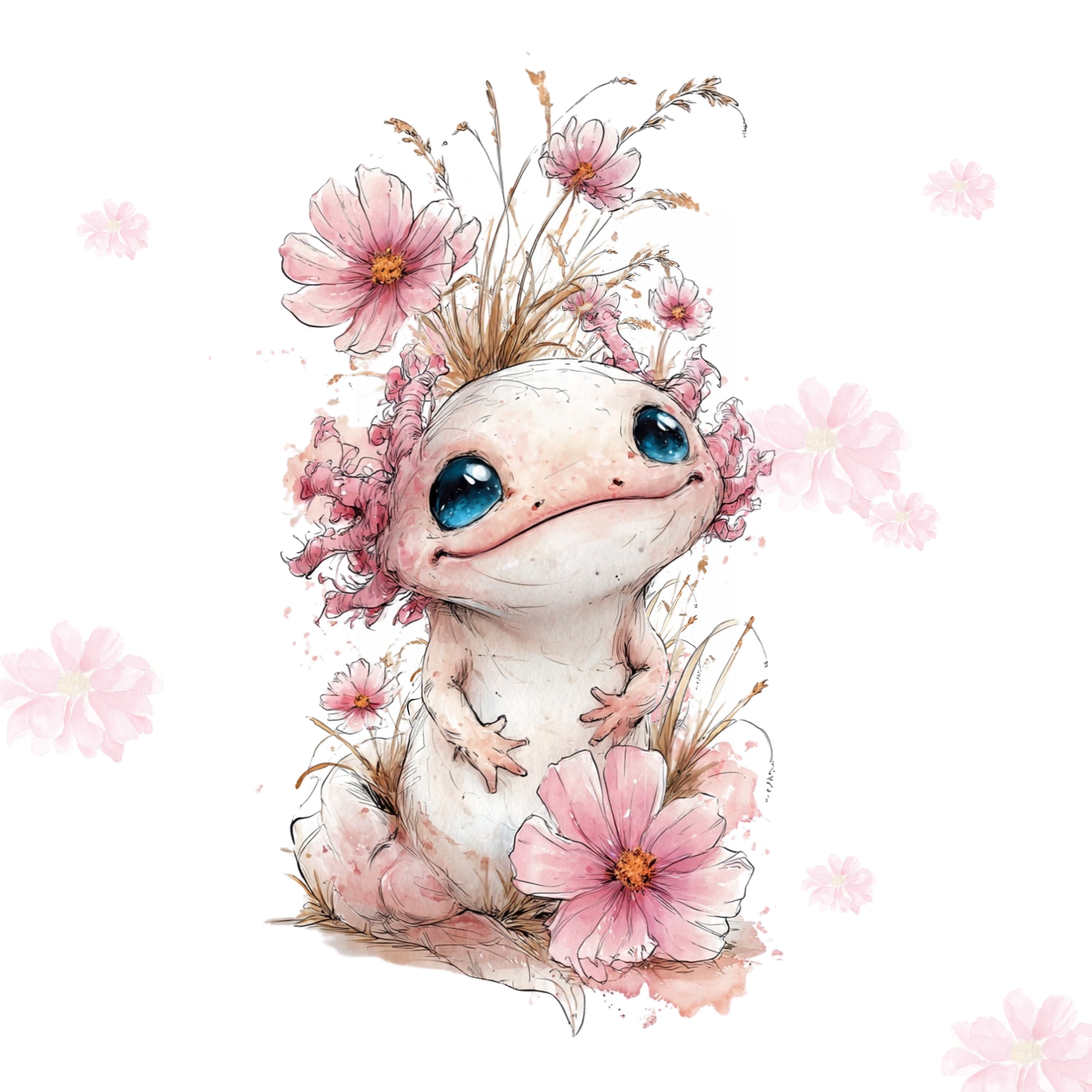 Illustration of a cute creature with blue eyes surrounded by pink flowers on a white background