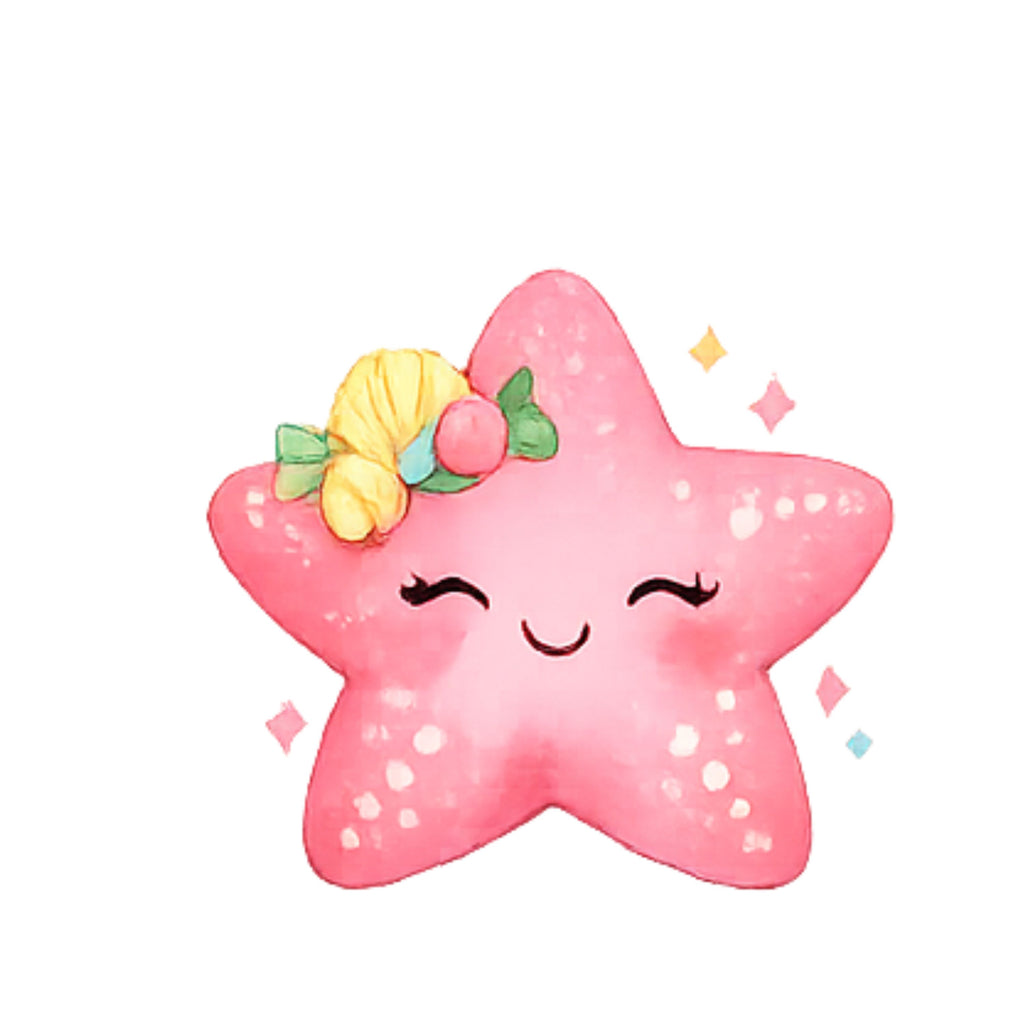 Cute pink star plush toy with a yellow bow on a white background