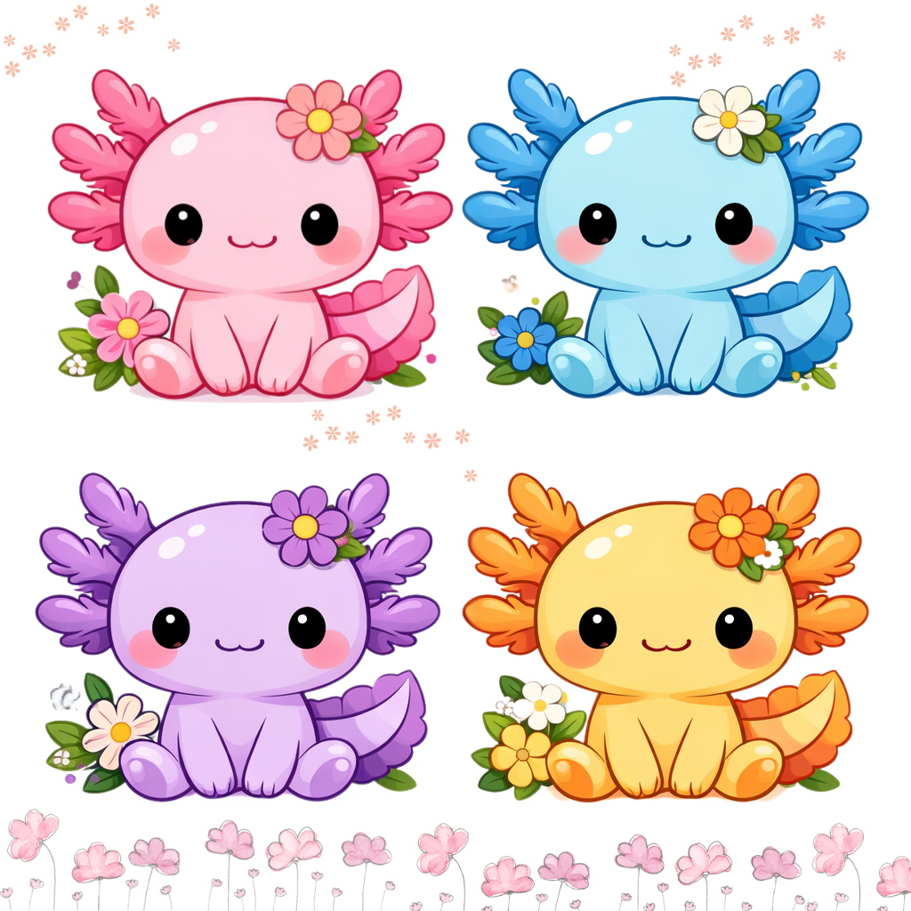 Floral Axolotl Clipart PNG Bundle | Pastel Kawaii Sticker Design (Digital Download)