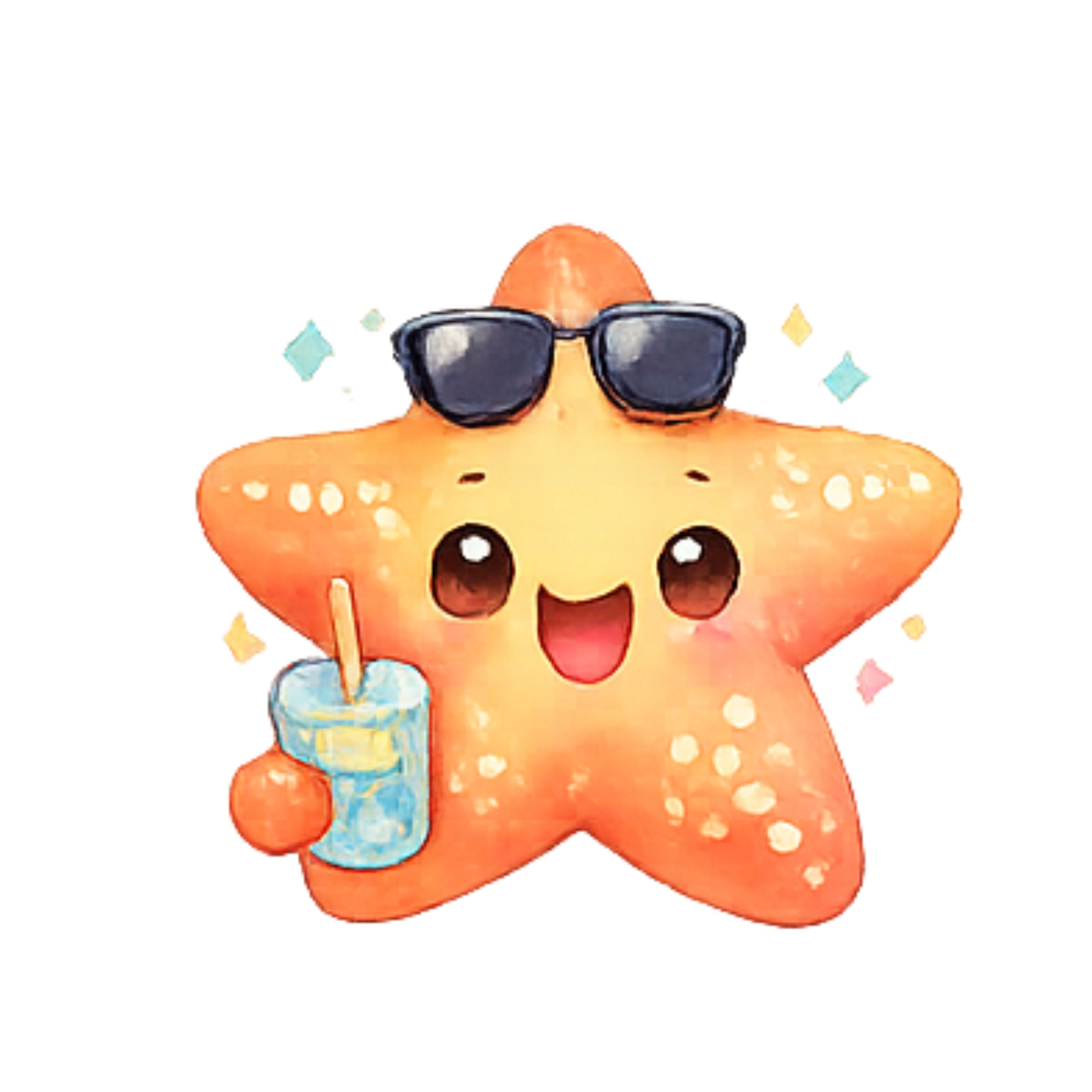 Cartoon starfish wearing sunglasses and holding a drink on a white background