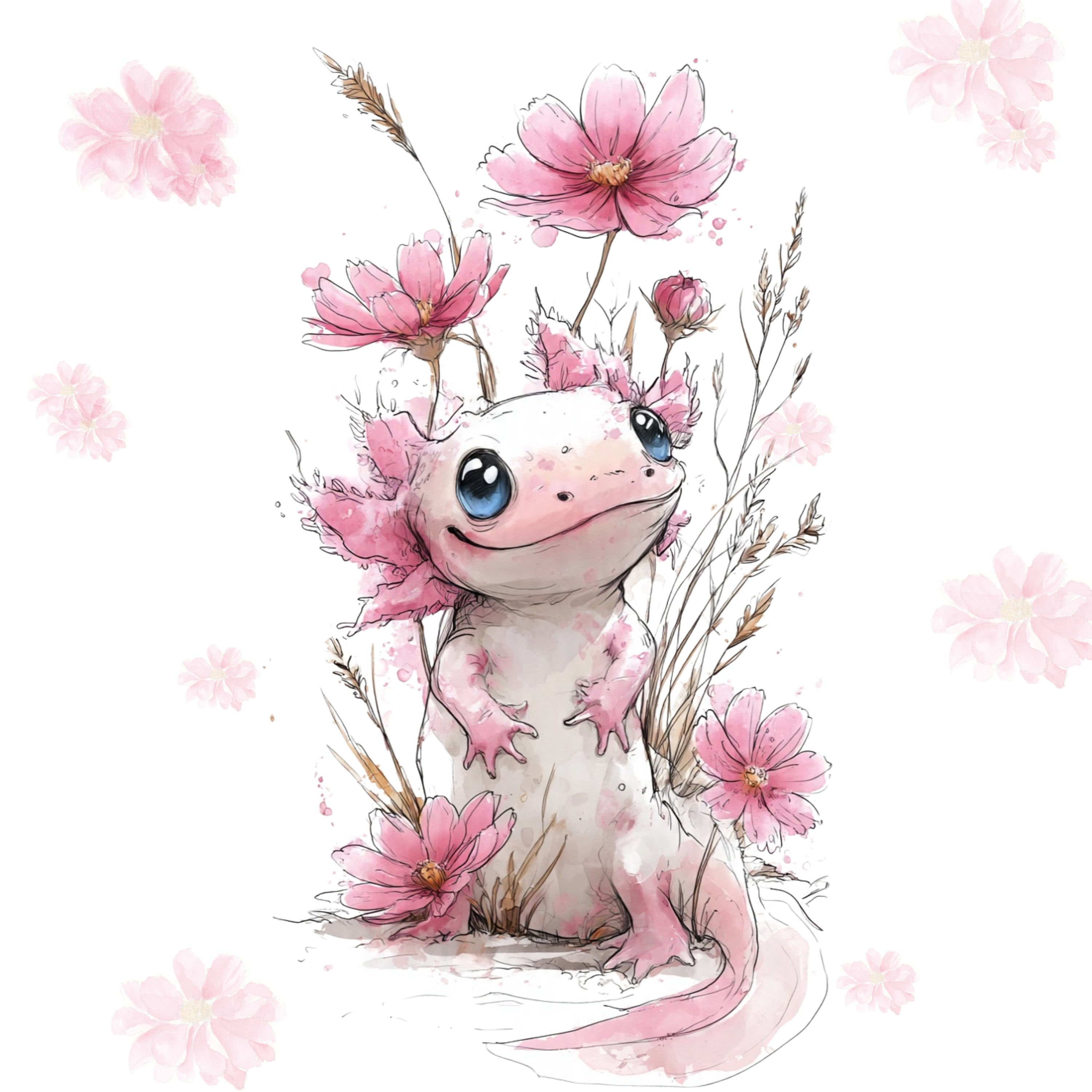 Illustration of a axolotl surrounded by pink flowers on a white background