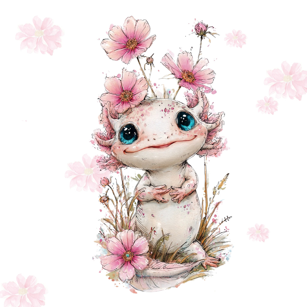Illustration of a cute creature with pink flowers and plants on a white background