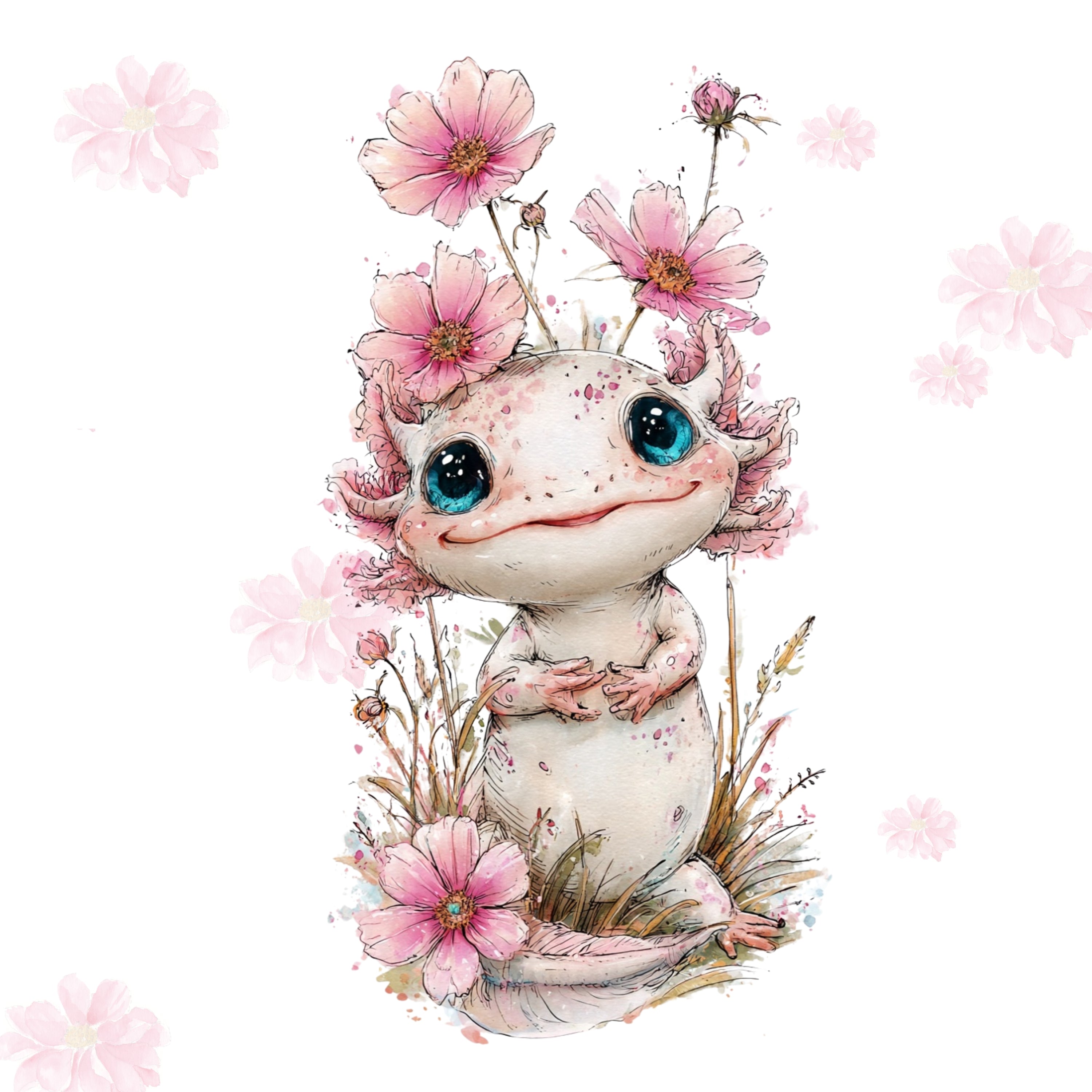 Illustration of a cute creature with pink flowers and plants on a white background