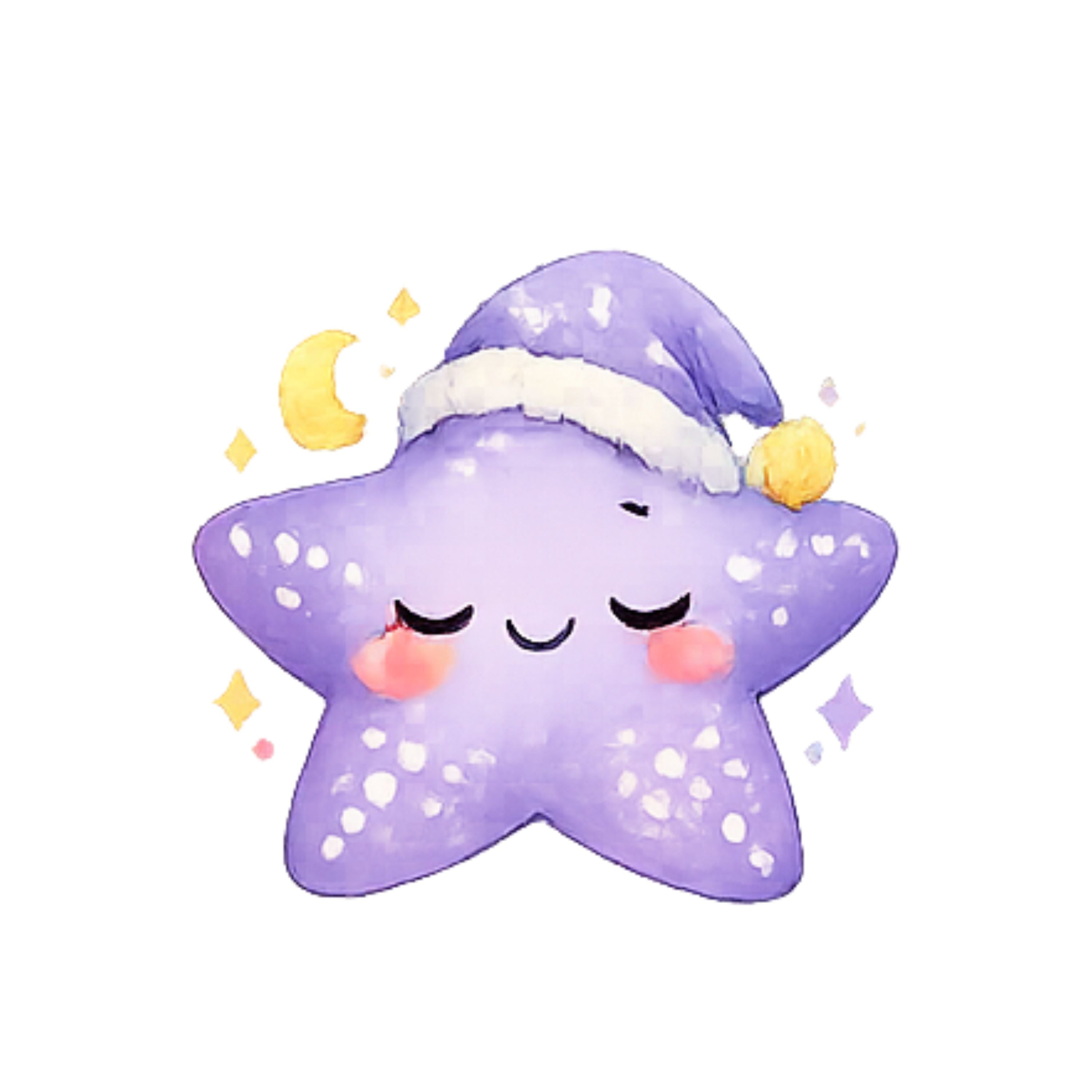 Purple star-shaped character with a sleep cap on a white background