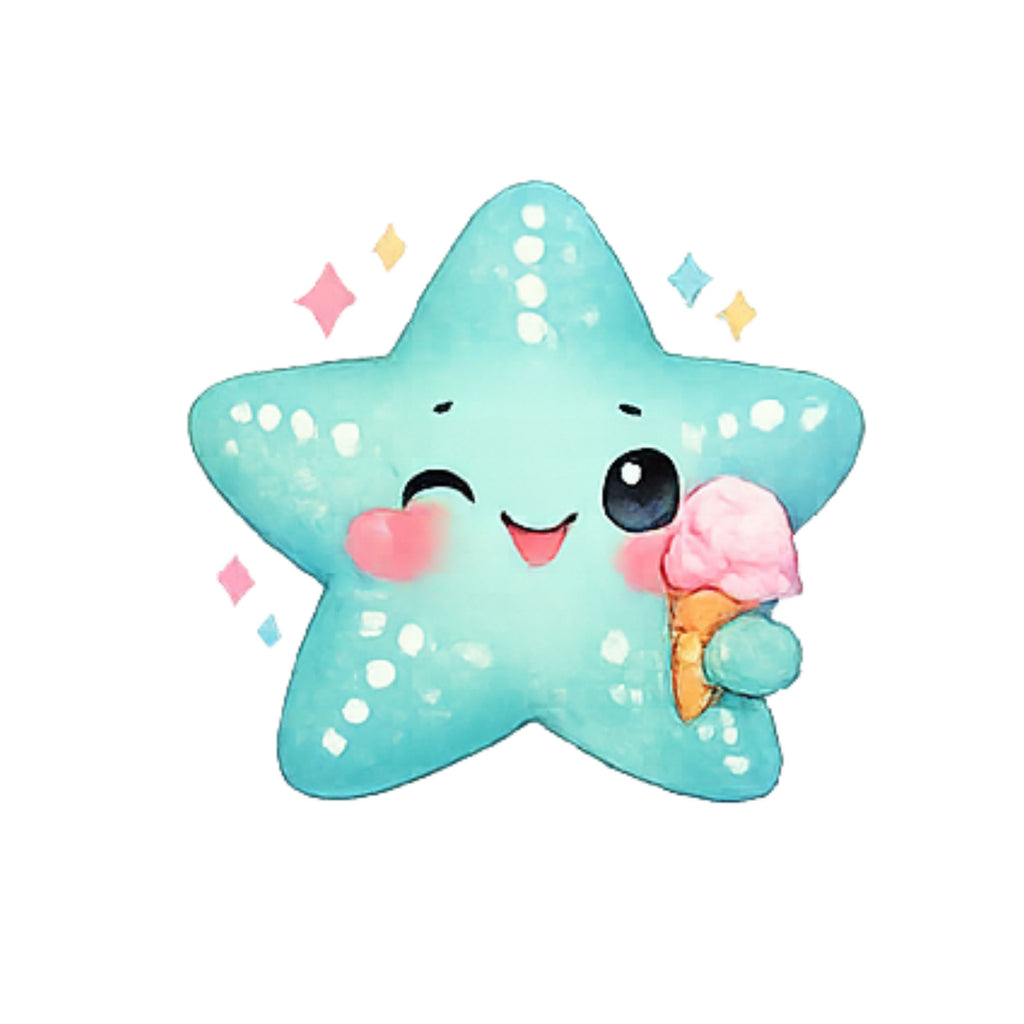 Cute star-shaped plush toy with a smiling face and ice cream cone on a white background
