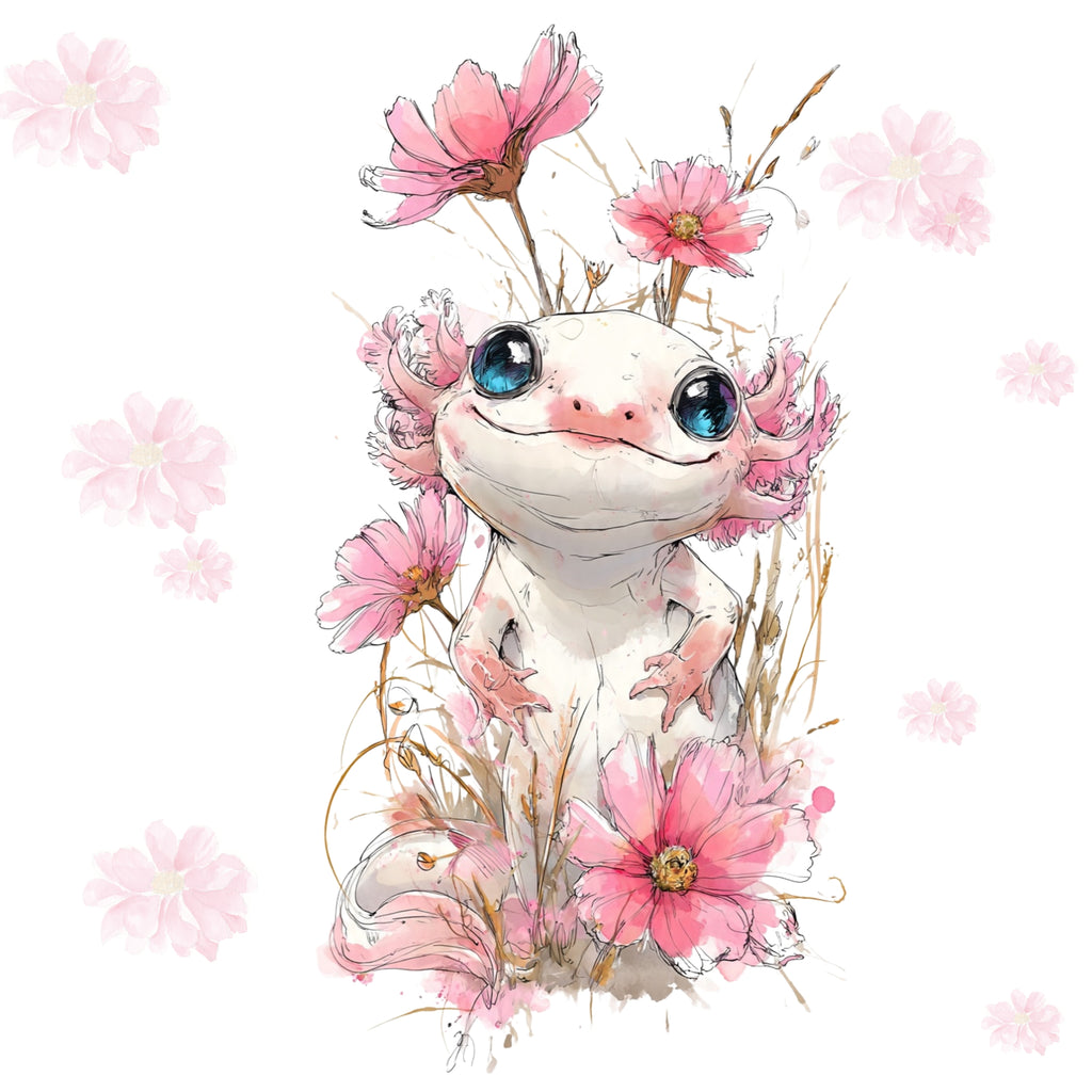 Cartoon axolotl surrounded by pink flowers on a white background