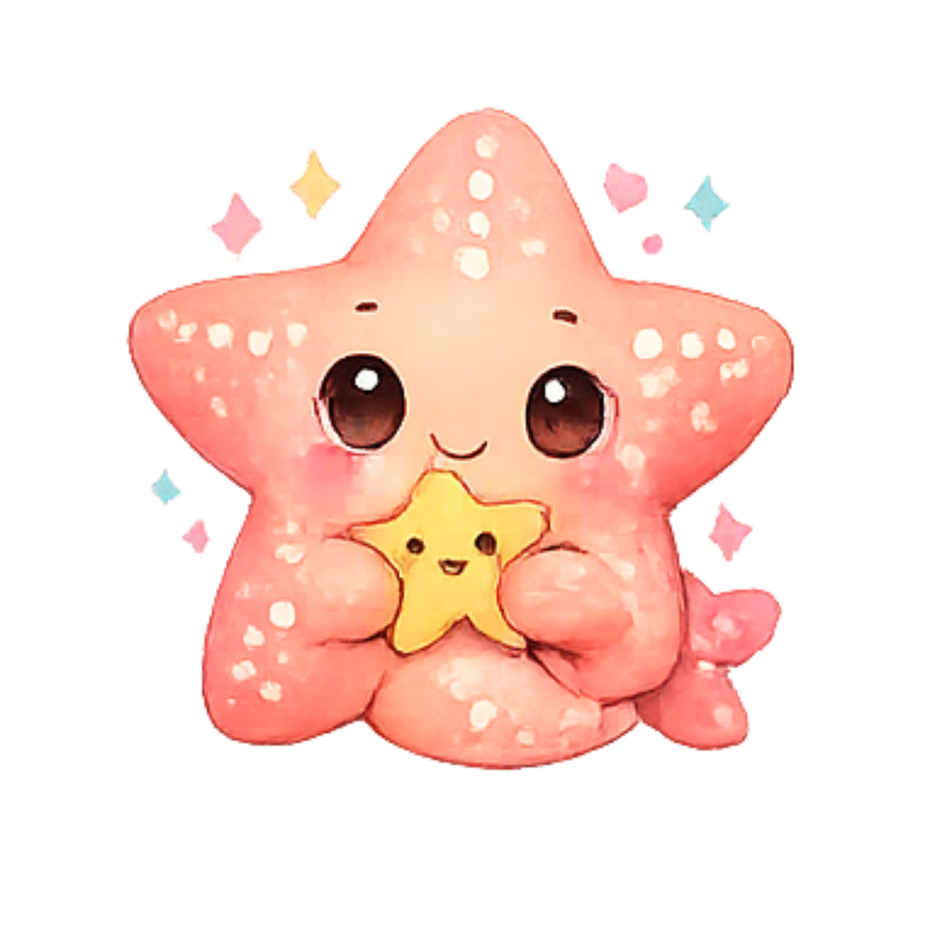 Cute pink star-shaped plush toy holding a smaller yellow star on a white background