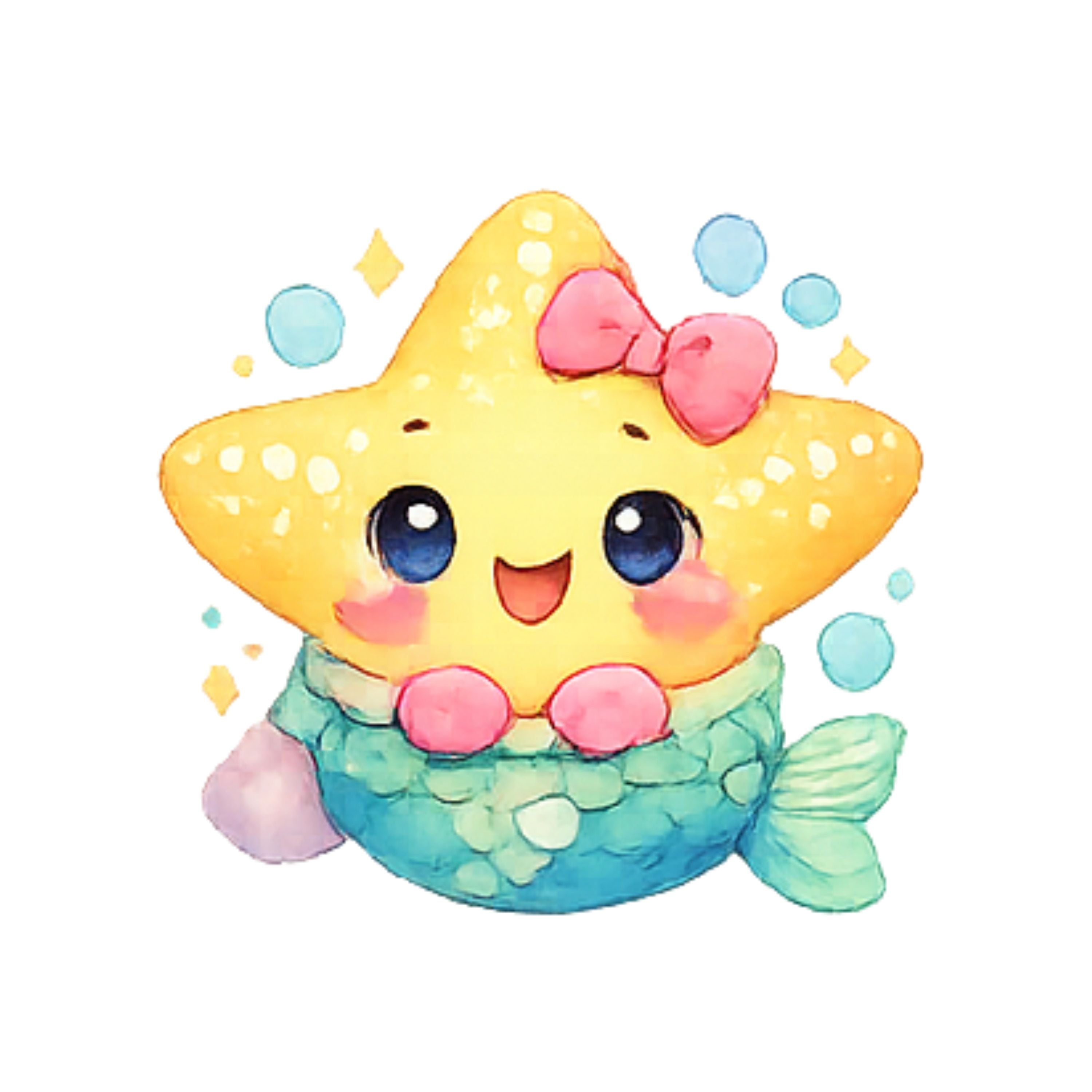 Cartoon starfish with a pink bow and mermaid tail on a white background