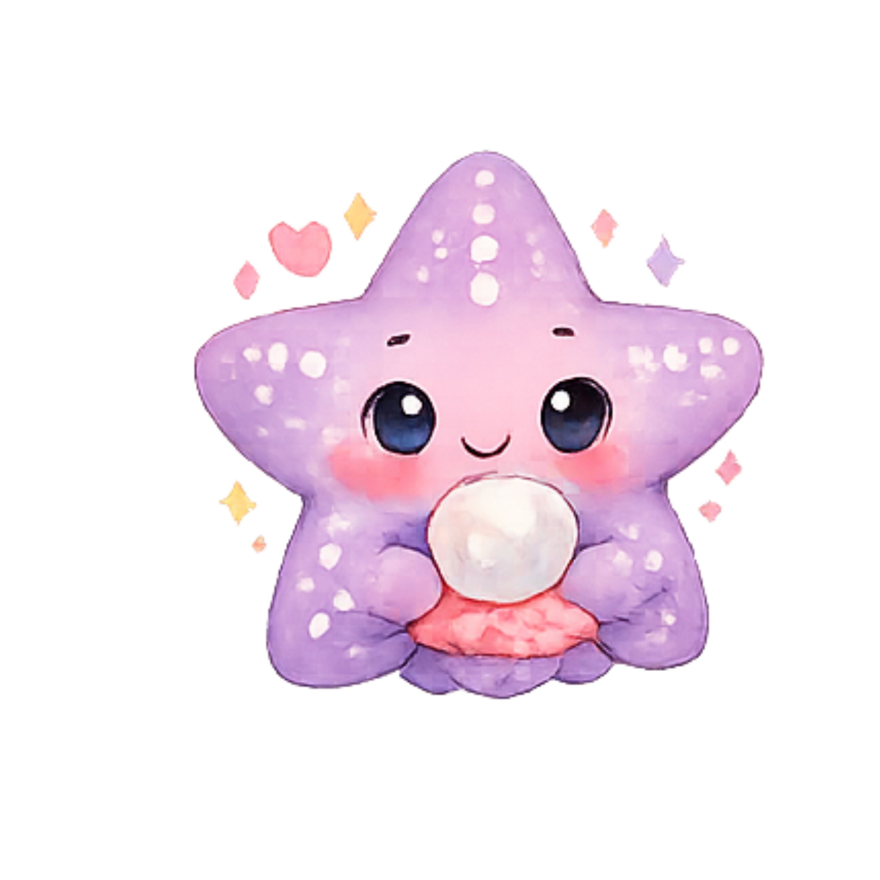 Cute purple starfish plush toy with a pearl on a white background