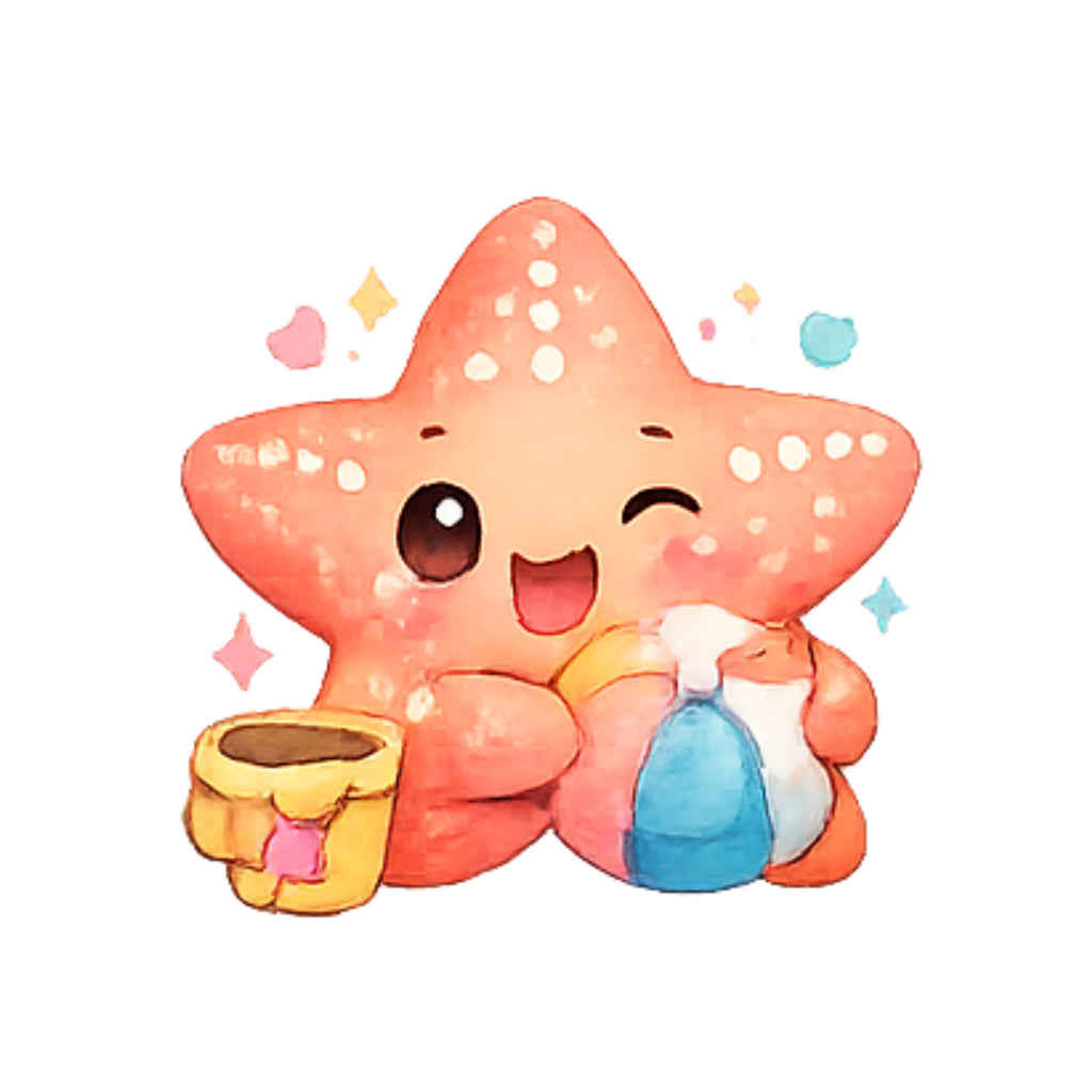 Cute cartoon starfish holding a shell and a bottle with colorful confetti on a white background