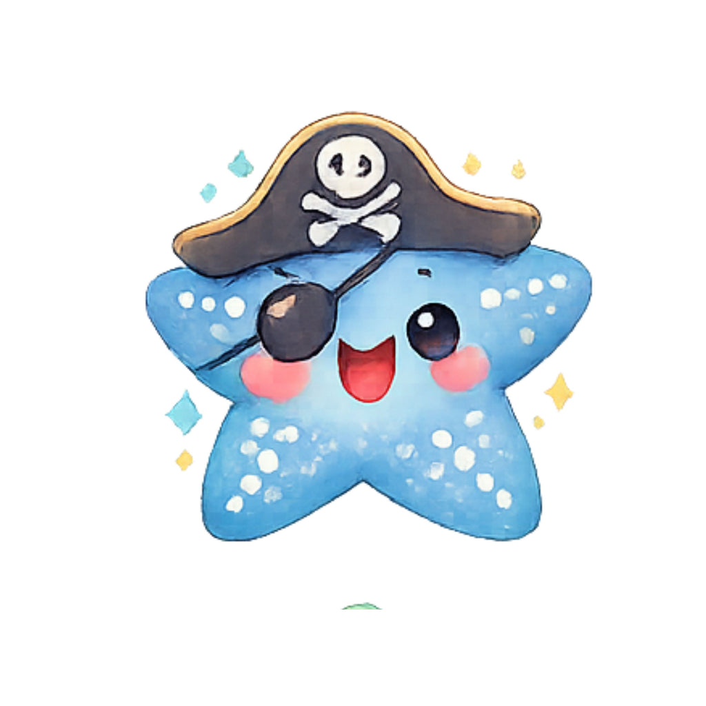 Cartoon starfish wearing a pirate hat on a white background