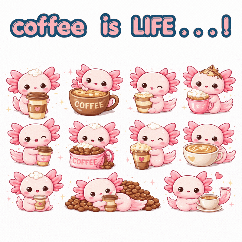 Axolotl kawaii coffee clip-art PNG and SVG format