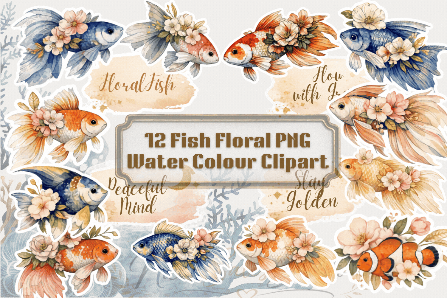 Floral Fish Digital Stickers| Cute Clip Art Bundle PNG| Instant download